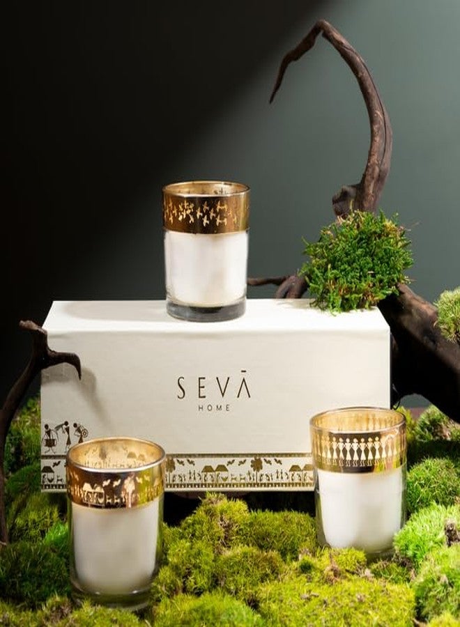 SEVA HOME Enchante Candle - Dil Se Saffron Silk | Pack of 3 | Warli Art Design | 25H Burn Each | Natural Soy Wax | Cultural Home Décor & Gifting - Image 2